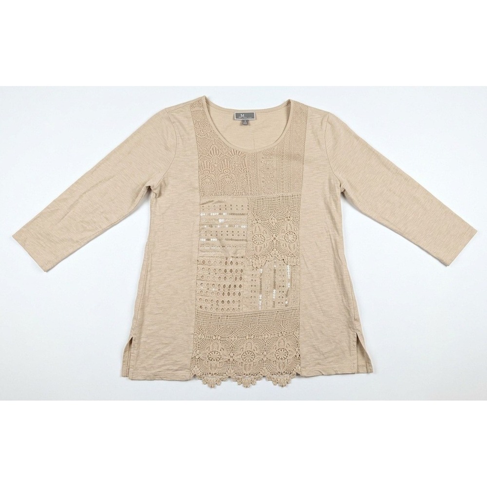 JM Collection Tan Shirt, Embroidered Sequined Boho, 100% Cotton, Small